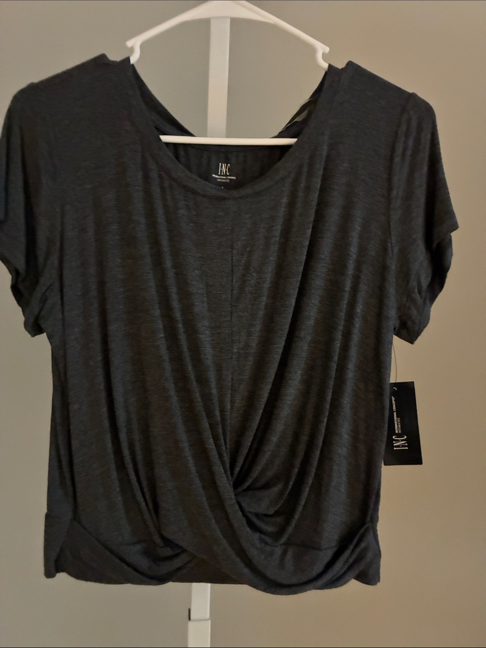 INC International Concepts Charcoal Twist-Front Short Sleeve Top